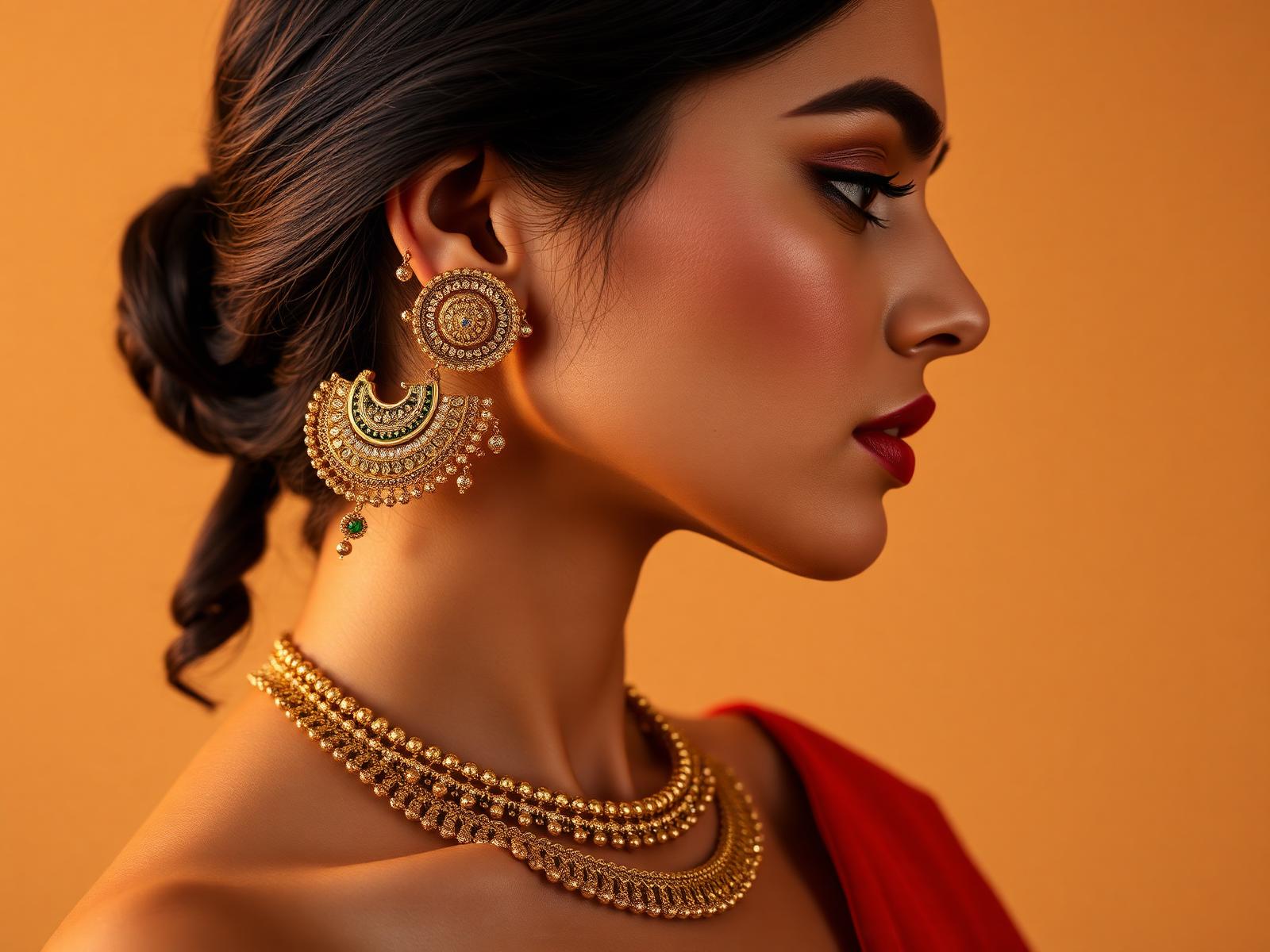 Model wearing handcrafted gold jewelry